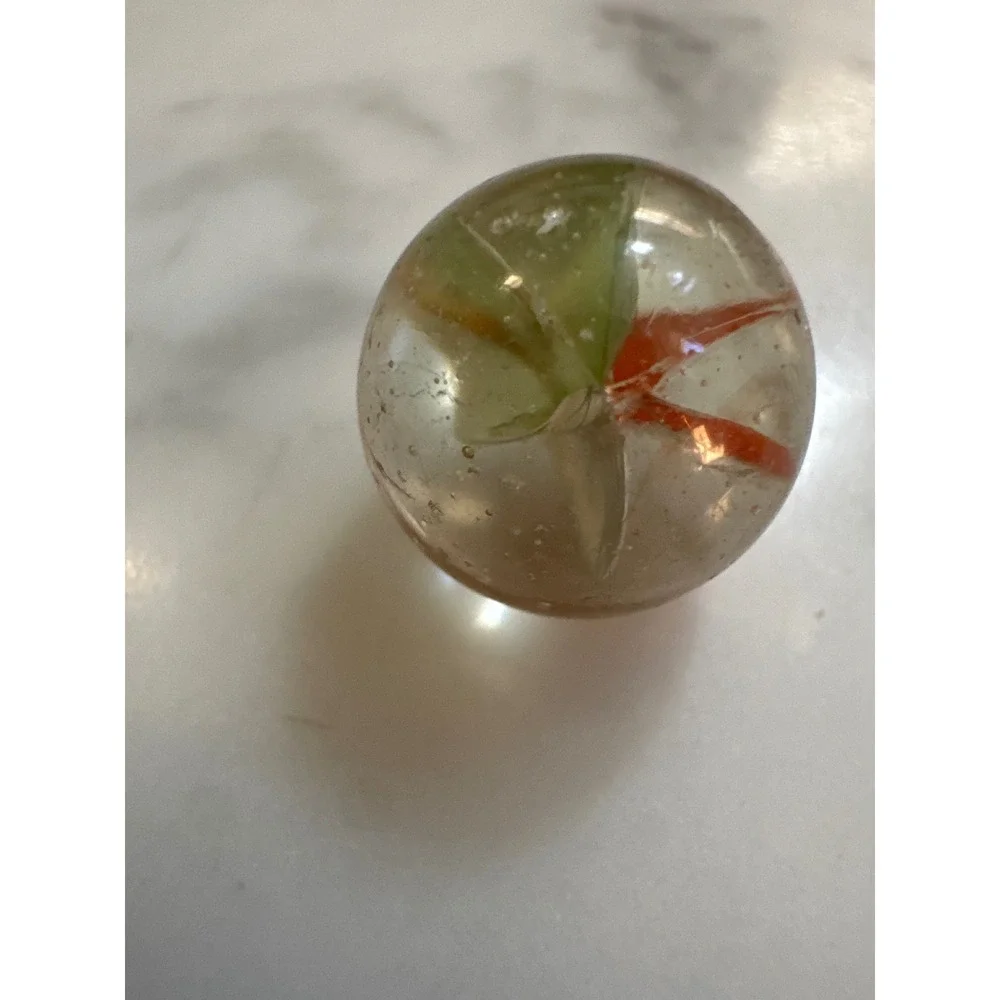 Vintage 15mm Glass Catseye Marble Orange Green White Tri-Color 4-Vane Swirl